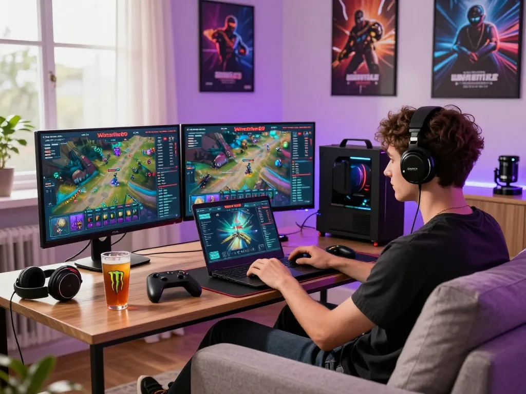 Engaging gaming setup showcasing winstrike69 platform with accessories in a stylish home.