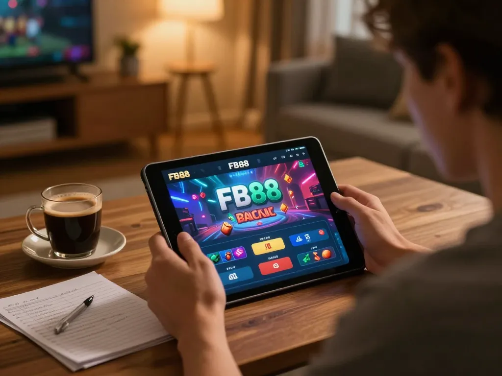 Engaging gameplay on FB88 app in a cozy home setup with tablet and notes.