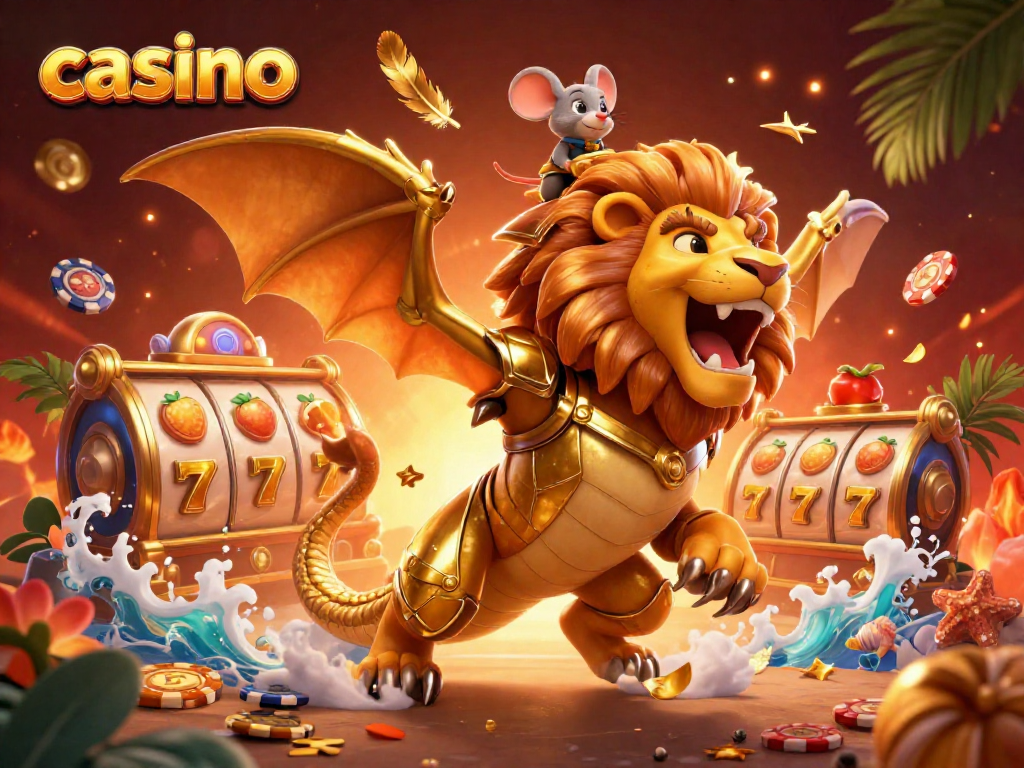 Experience thrilling moments at the casino with a dynamic scene featuring a mythical chimera and vibrant slot games.
