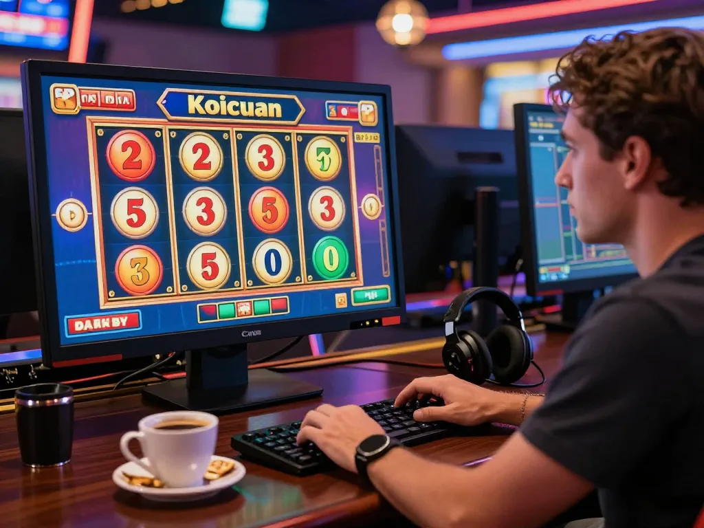 Pemain berinteraksi dengan slot online Koicuan dalam suasana permainan yang cerah, menampilkan keseruan dan teknologi.