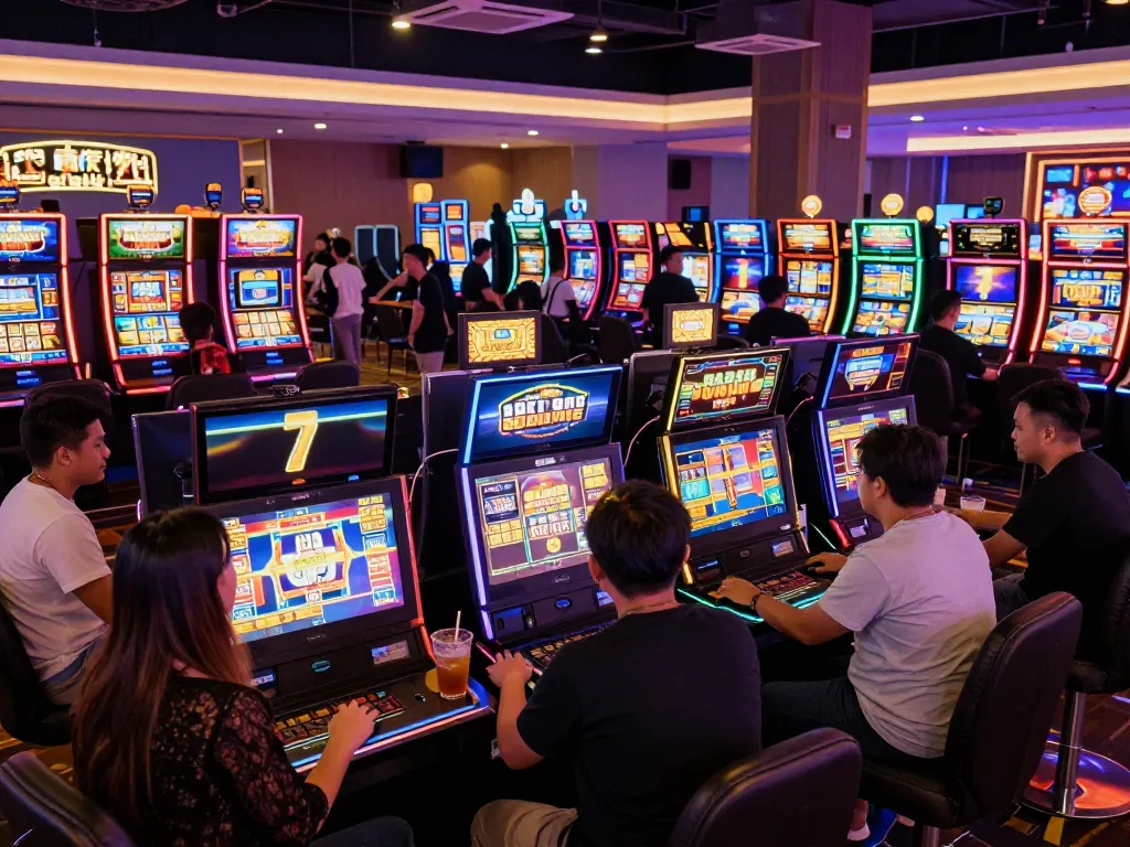 Players enjoying situs slot gacor at vibrant casino with colorful machines