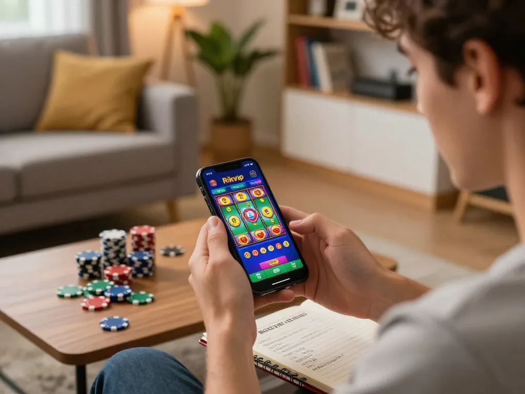 Engaging with the Rikvip casino app on a smartphone while managing betting strategies.