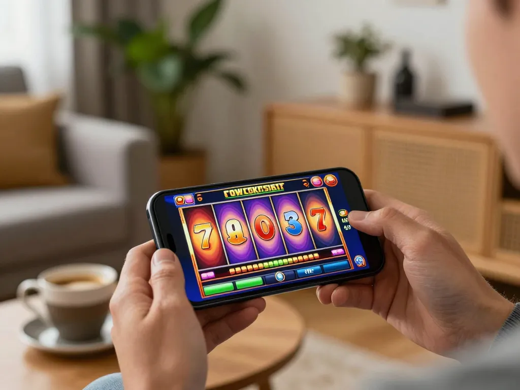 Engaged player enjoying IDNSCORE ALTERNATIF online slot game on smartphone in cozy setting
