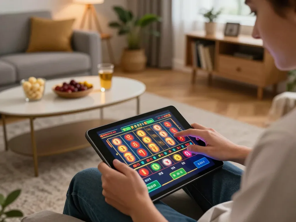 Engaged user playing dinamit4d slots on tablet in cozy home environment with vibrant lighting