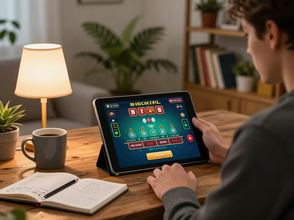 Engaged player at king33 online casino enjoying a live dealer baccarat game on tablet in a cozy setting.