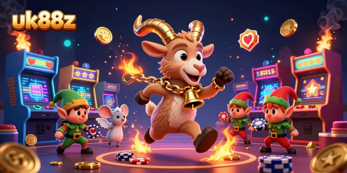 uk88z's festive-horror casino scene with Krampus, angel mouse, and elf gremlins stealing chips.
