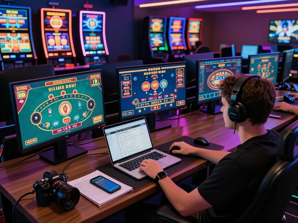 Experience the thrilling world of OPEN88 with an immersive online gaming setup showcasing live dealer and slot games.