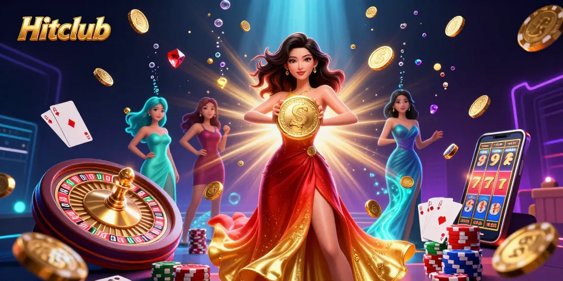 Experience the thrills of Hitclub with golden coins raining down in a dazzling casino scene.