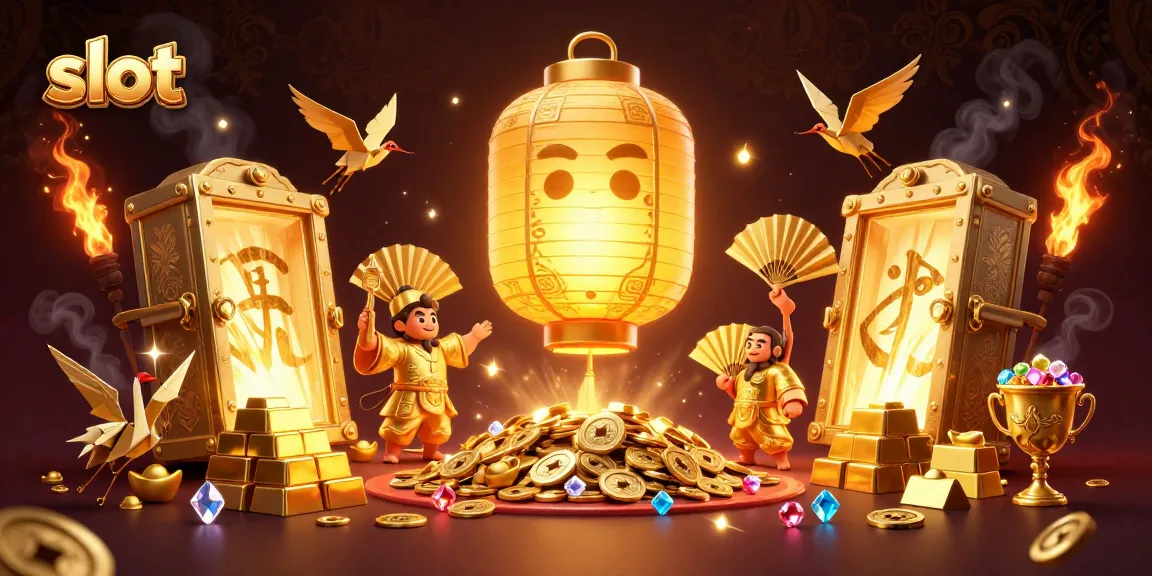 Engage in thrilling slot action with a vibrant scene of golden lanterns and treasure within a casino atmosphere.