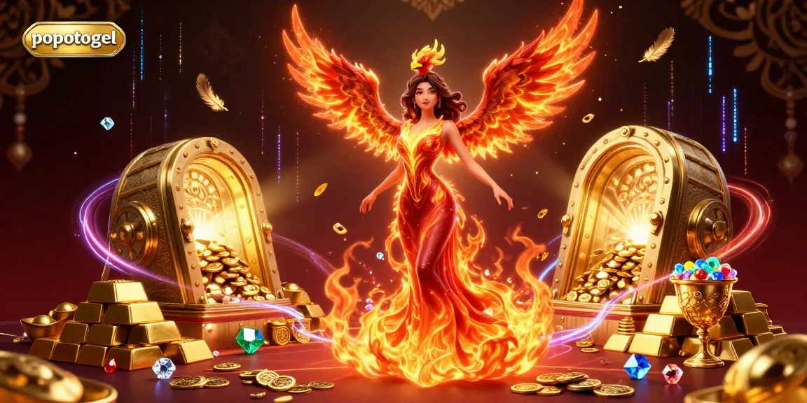 Engage with popotogel through a captivating 3D illustration of vibrant casino elements and a striking Asian character.
