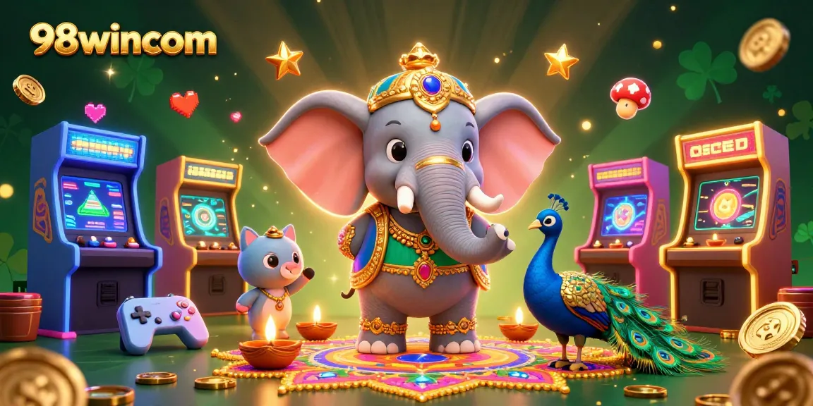 Engage with 98wincom's vibrant and colorful 3D illustration, featuring an elephant and peacock in a dynamic casino atmosphere.