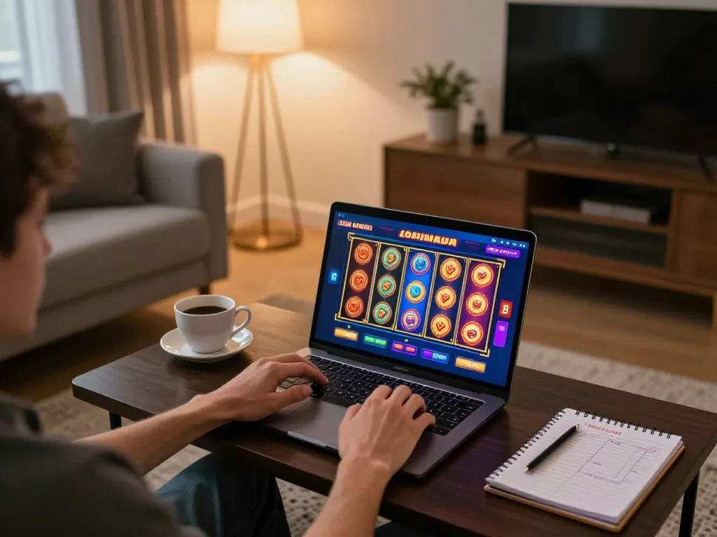 Player enjoying OKFUN slot games on a laptop in a cozy home setup