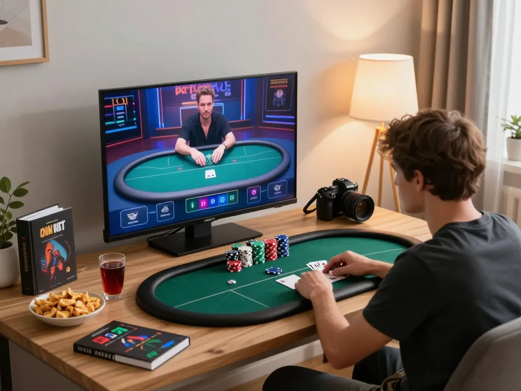 Engaged user plays poker online at home, illustrating strategic gaming with vipwin.