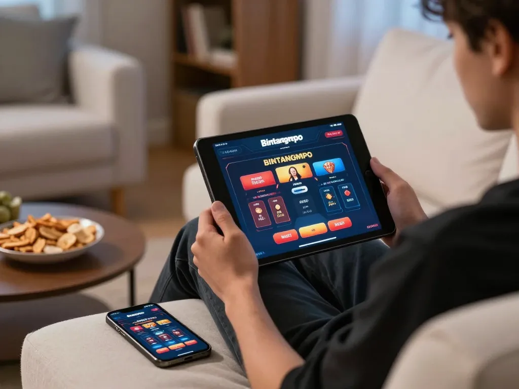 Pemain Bintangmpo menikmati permainan kasino online di tablet dalam suasana ruang tamu yang nyaman