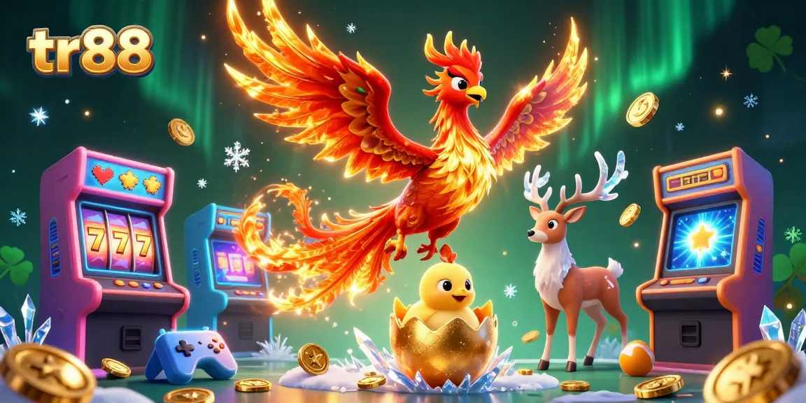 Experience thrilling gaming action at TR88 with a mesmerizing phoenix and vibrant casino elements.
