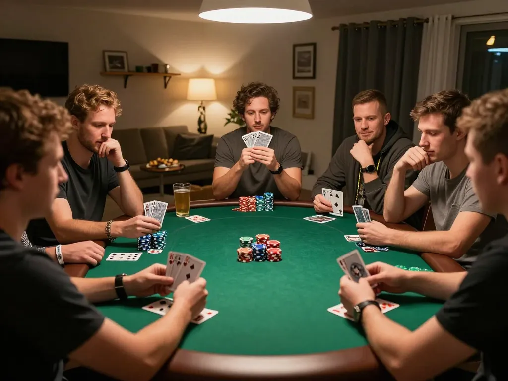 Friends engaging in a competitive poker game at home with OPEN88, enhancing social enjoyment and strategic gameplay.