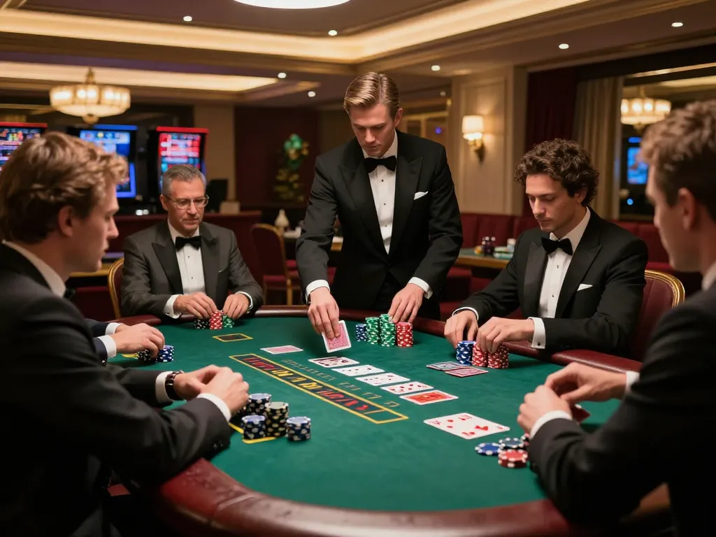 Players engaged in a captivating game of blackjack at iWin's luxurious casino, showcasing strategy and high stakes.