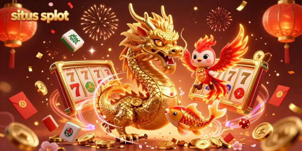 Experience the excitement of situs slot with a dynamic 3D scene featuring a golden dragon, a phoenix, and a koi fish amidst slot reels.