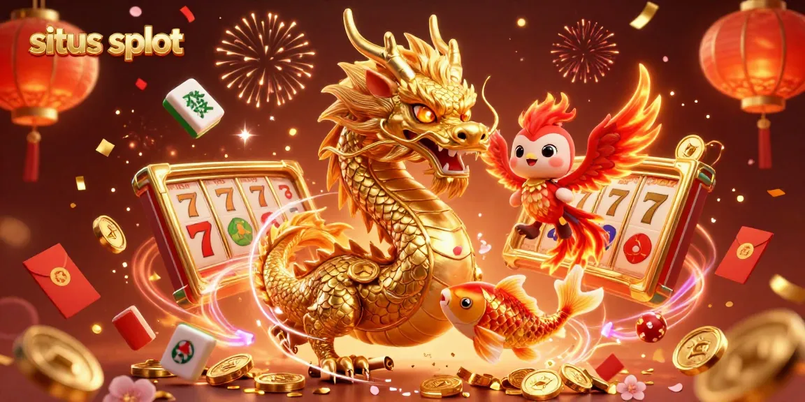 Experience the excitement of situs slot with a dynamic 3D scene featuring a golden dragon, a phoenix, and a koi fish amidst slot reels.