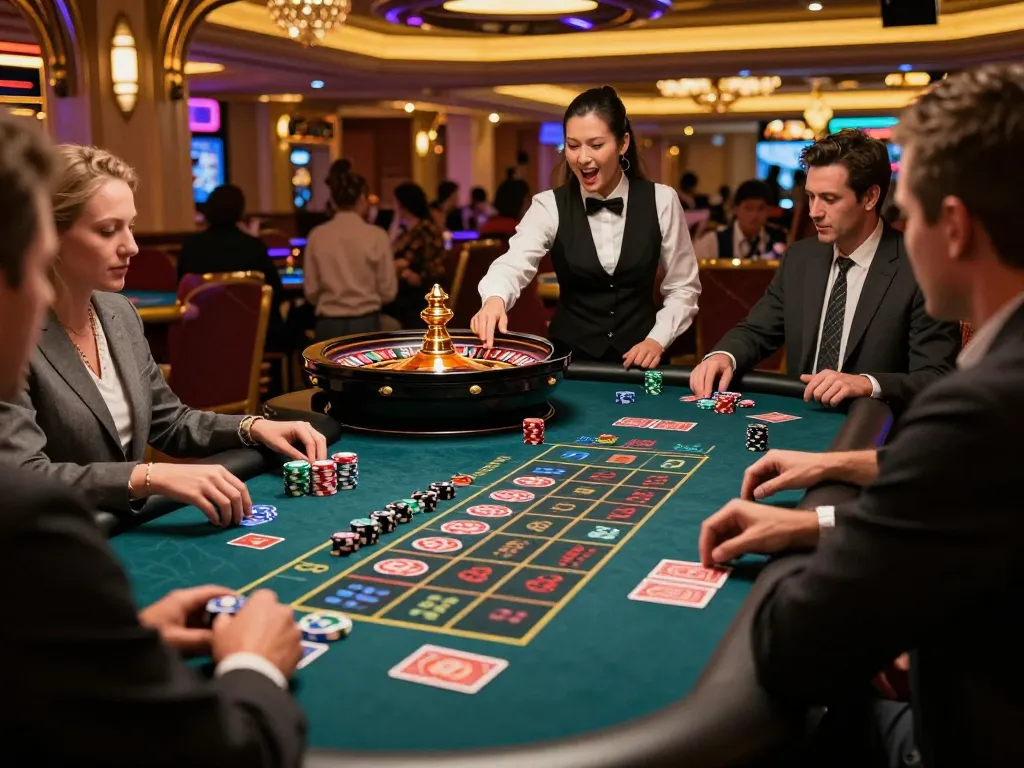 Players enjoying roulette at KKWIN casino, noticing the dealer's spin and colorful chips.