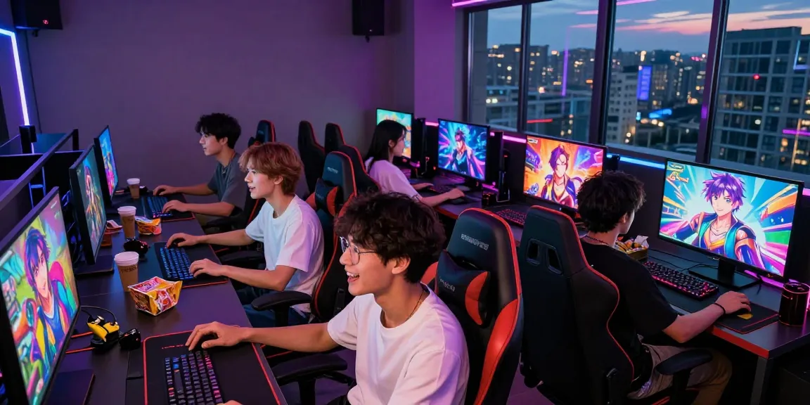 Group enjoying gay ecchi game in a lively gaming lounge setting.