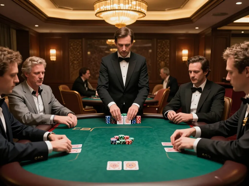 B52club players engaging in a thrilling poker game with vibrant chips and a focus on strategic gameplay