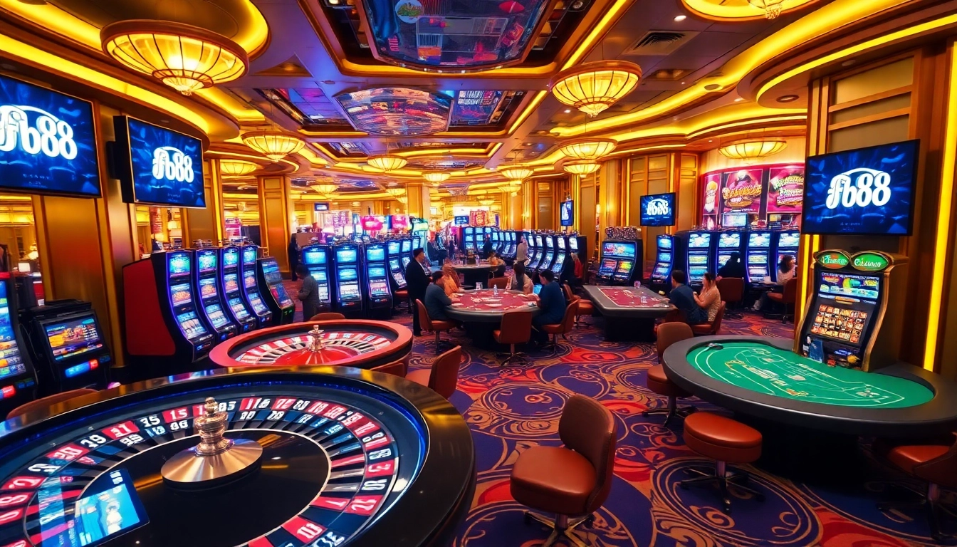 Engage with thrilling games at Fb68 casino, vibrant slot machines, and elegant poker tables.