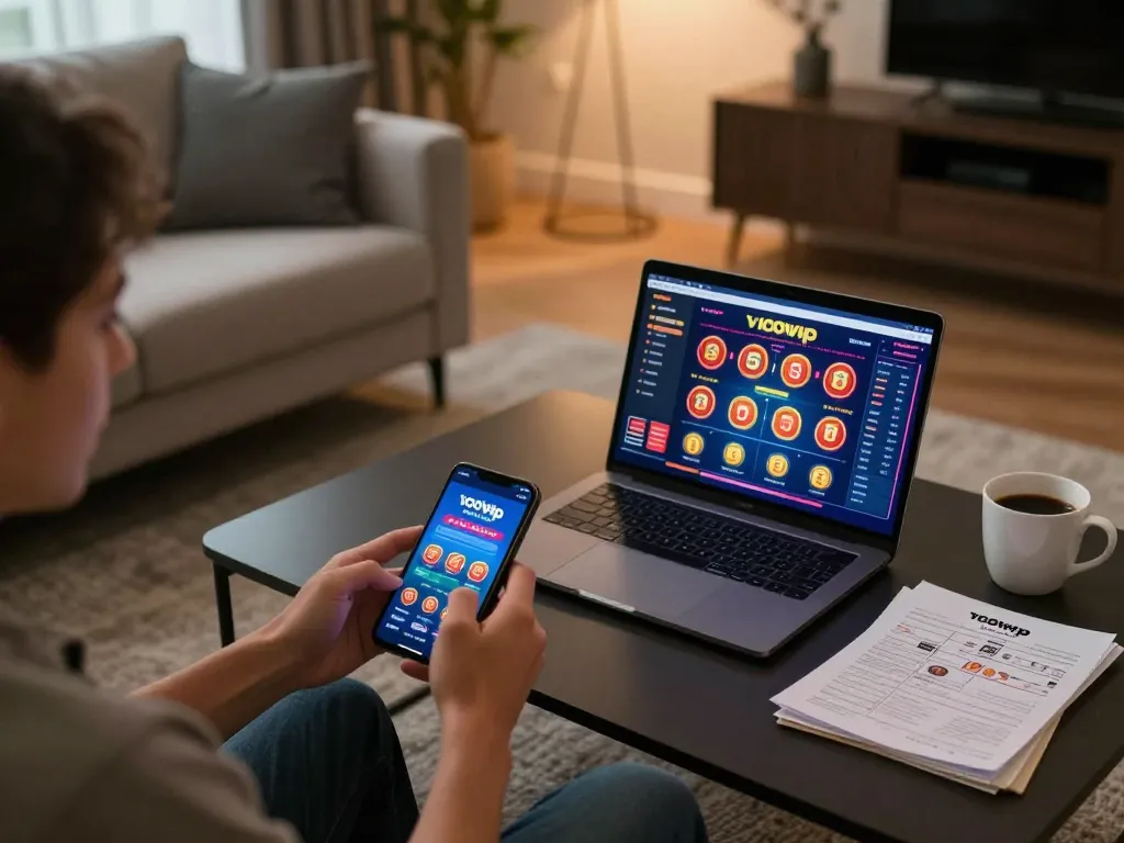 Engaging with the 100vip co app for online casino gaming at home, showcasing strategy and comfort.