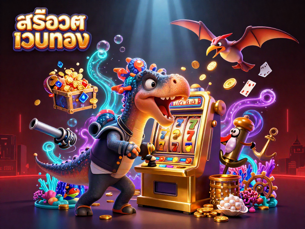 Engaging scene of a pachycephalosaurus celebrating a golden slot machine jackpot, representing สล็อตเว็บตรง excitement.