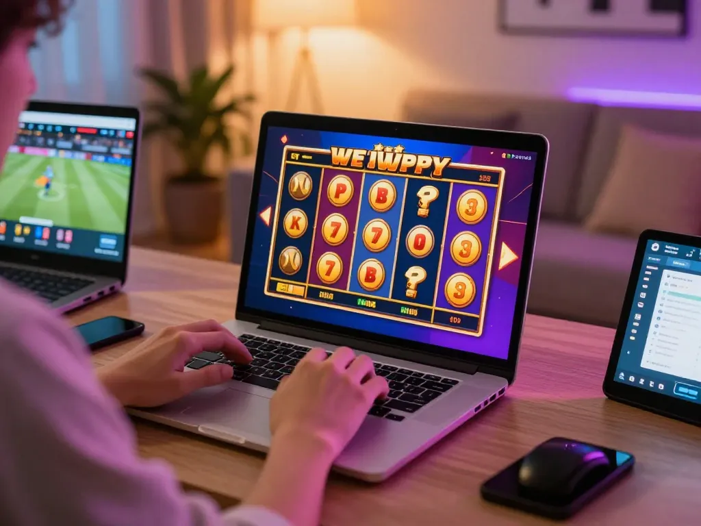 Engaged player spinning reels on a situs gacor online slot game at home, showcasing vibrant graphics and interactive gameplay