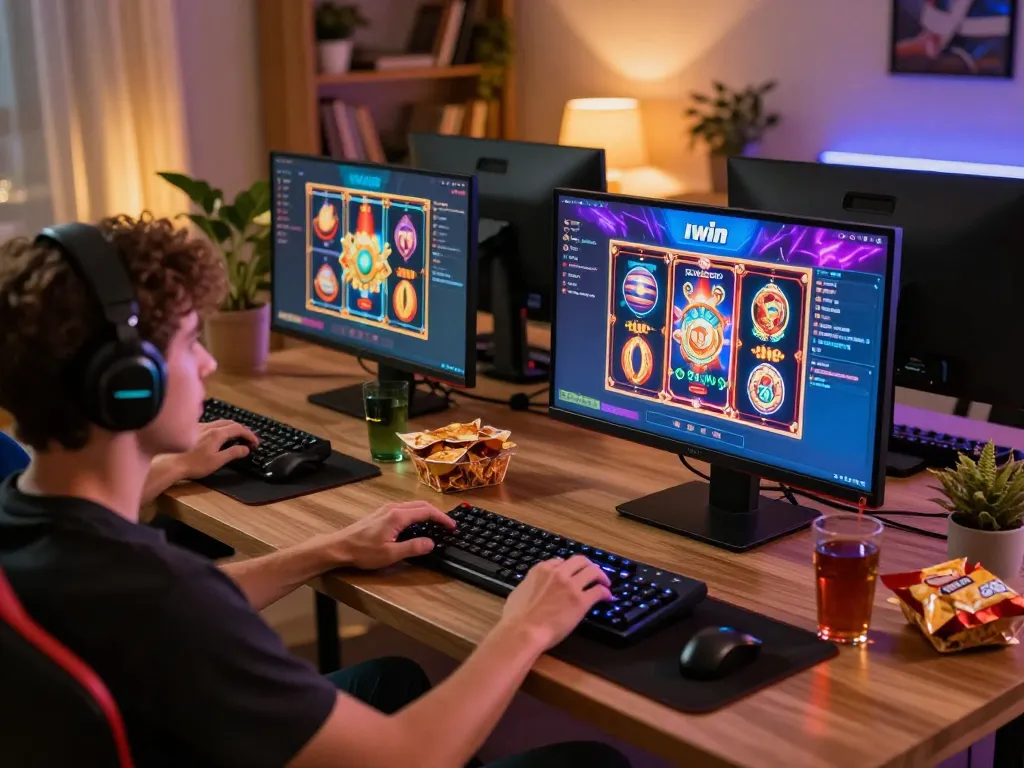 Iwin user enjoying an online gaming session on a tablet, showcasing a dynamic casino interface and cozy atmosphere.