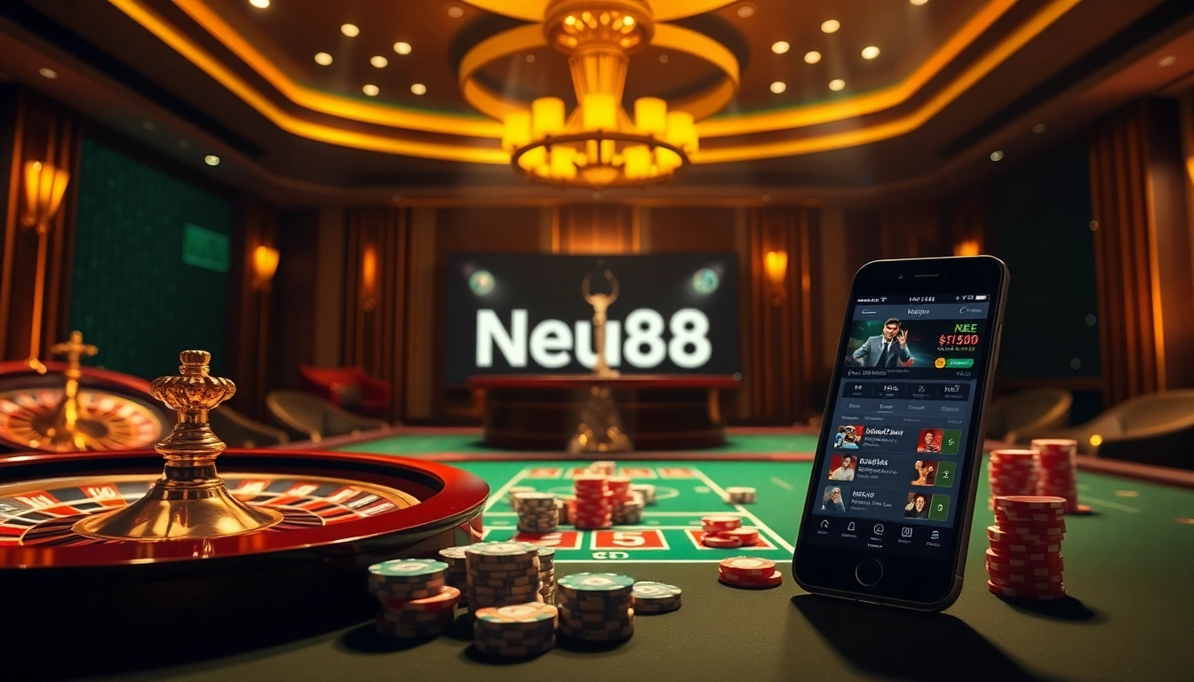 Experience the excitement of NEU88 with a luxurious casino scene showcasing roulette and online betting elements.
