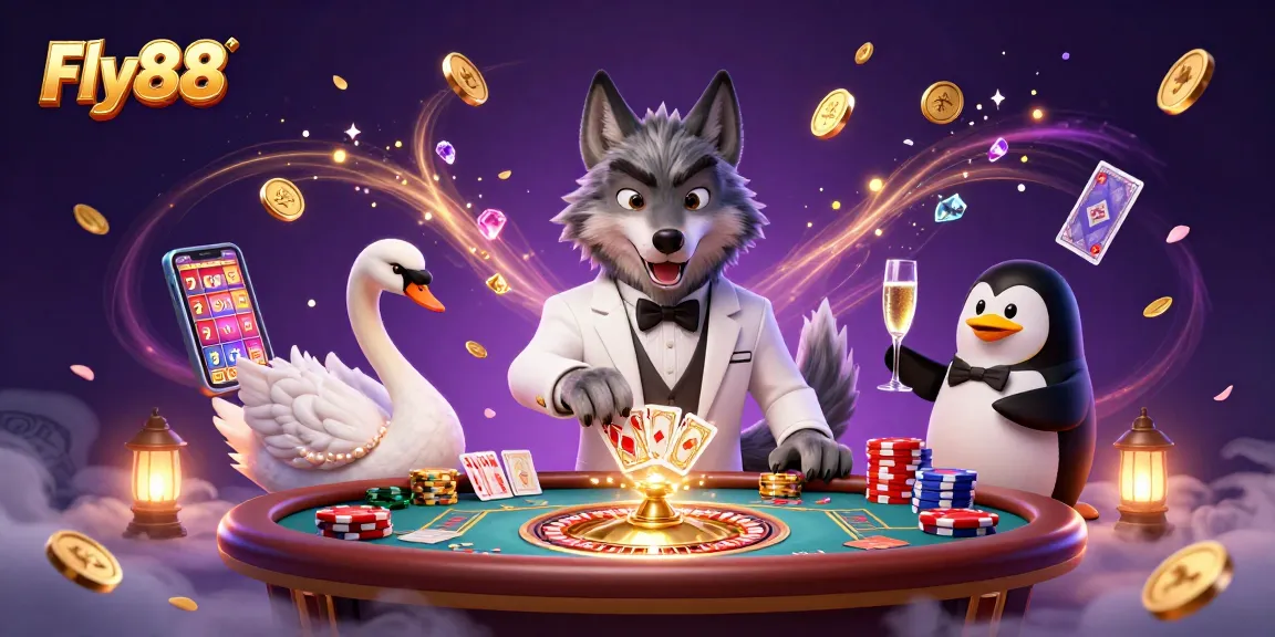 Win big with Fly88 at a vibrant baccarat game attended by unique animated characters.