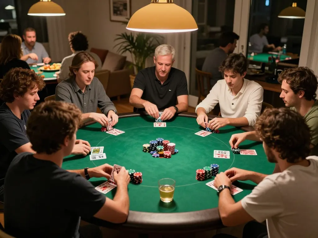 Create a caricature while enjoying a friendly poker game with friends around a colorful table.