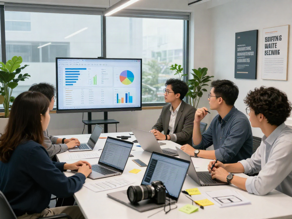 Engaged teamwork in a strategy meeting, showcasing https://www.mpocash.net/ analytics and creative brainstorming for effective digital marketing.