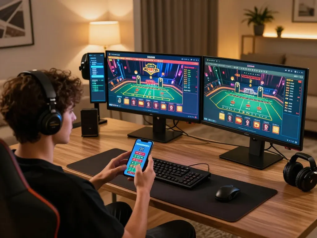 Engaging in online gaming with sg777 on multiple screens, showcasing strategic gameplay.