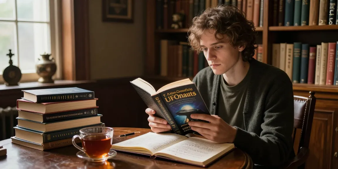 Engaging scene at https://tallengreenfield.com featuring a reader exploring T. Allen Greenfield's UFOnauts in a cozy library.