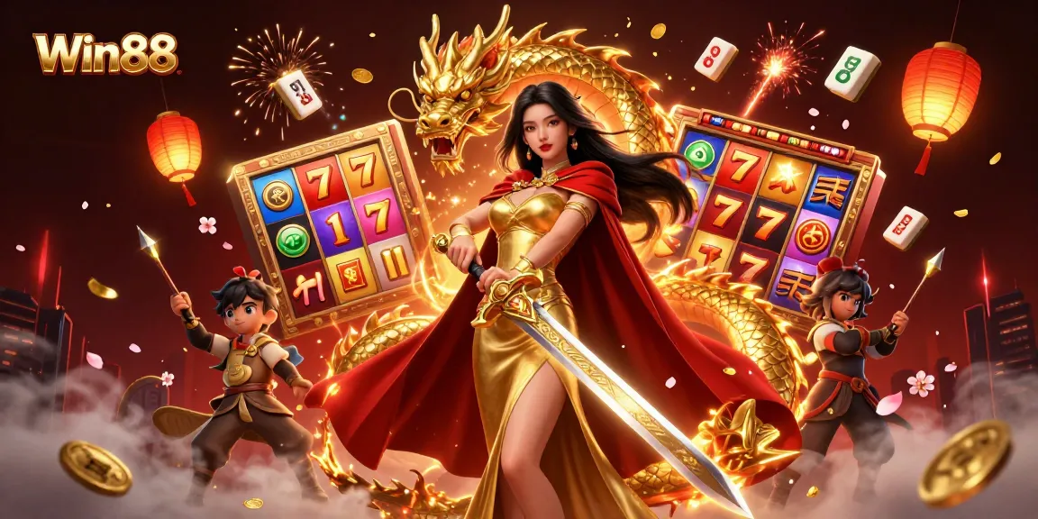 Win88 casino illustration with a warrior queen and golden dragon amid vibrant slot game elements.