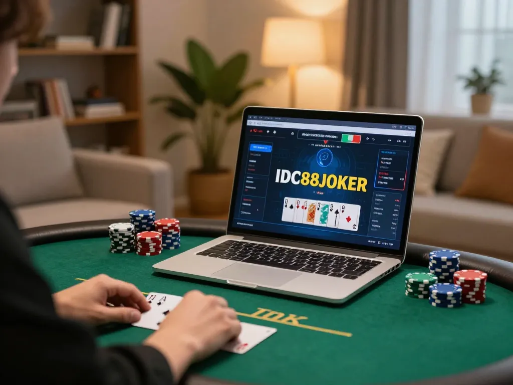 Player navigating IDC88JOKER poker game on a laptop in a cozy, stylish setting.