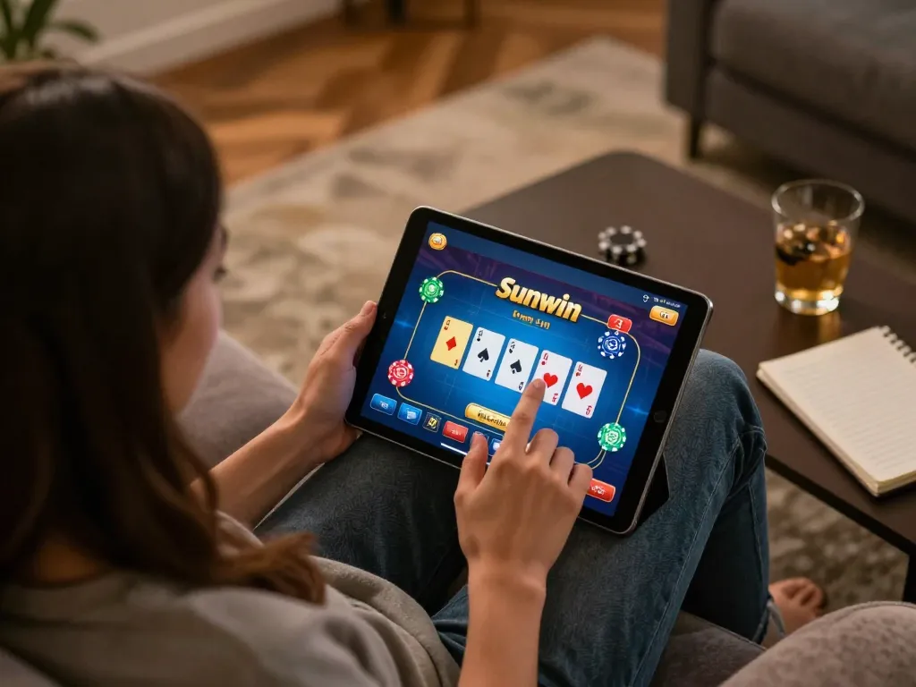 Watch players enjoying sunwin poker game on a tablet, cozy home gaming atmosphere.