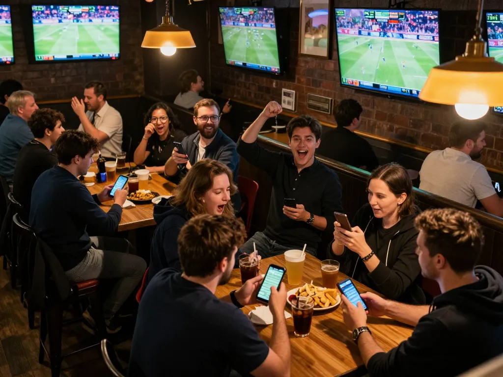 Taruhan olahraga yang menarik di bar yang ramai menunjukkan penjudi menggunakan aplikasi di smartphone mereka untuk Situs Judi Online.