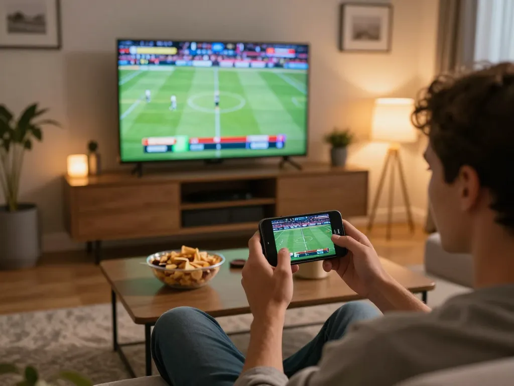 Engaging in sports betting at home, using the app ทางเข้า m110 for live wagers, showcasing excitement and comfort