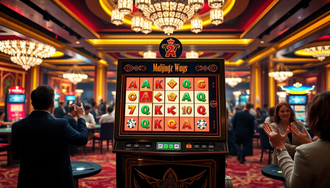 Players enjoying the slot mahjong ways 2 game, celebrating big wins with colorful casino decor.