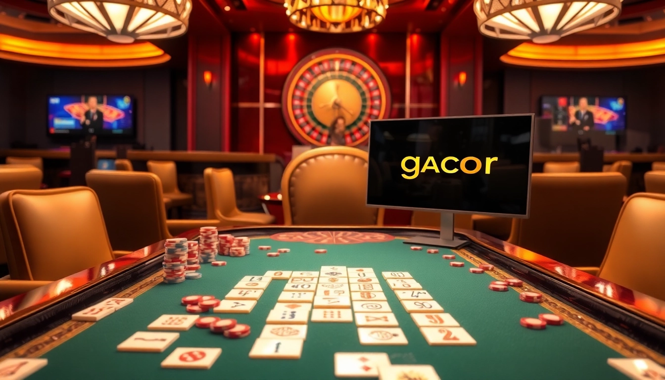 Experience the thrilling demo gacor at an upscale casino, showcasing mahjong tiles and poker chips.