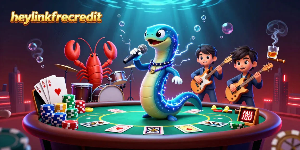 Engage with heylinkfreecredit through a vibrant underwater casino scene with a DJ eel and poker elements.