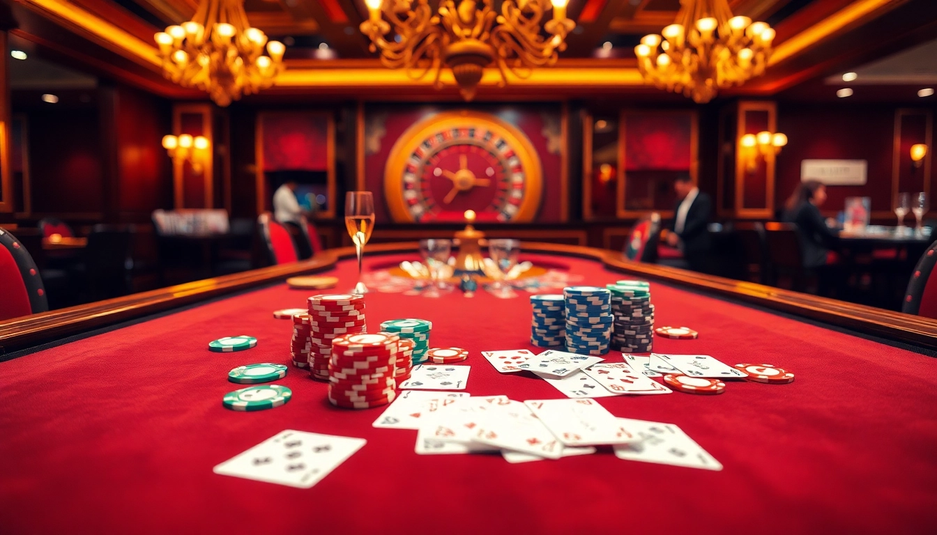 Hitclub casino scene filled with poker chips, cards, and a roulette wheel, capturing the vibrant energy of gambling.