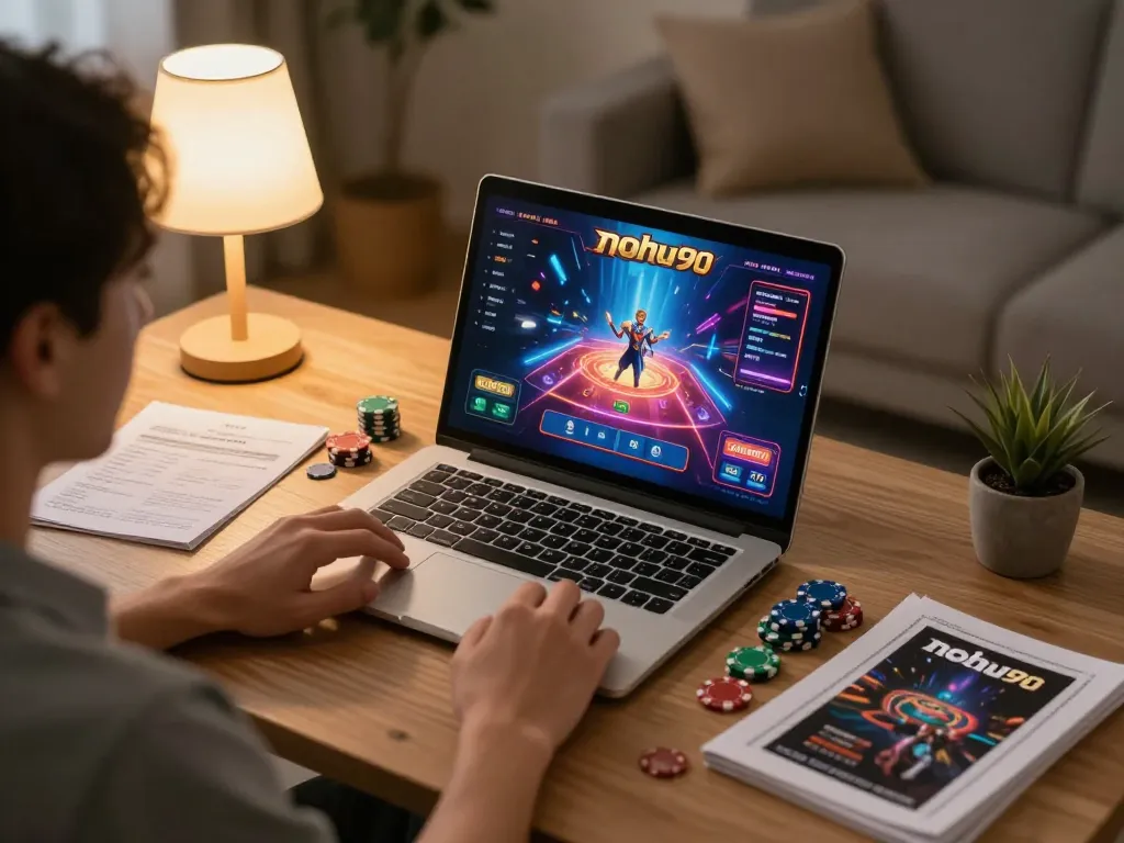 Player enjoying nohu90 online casino gaming session at home with chips and strategy notes visible.