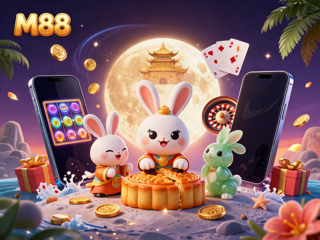 Experience the magic of M88 with a moon rabbit and jade companion exploring colorful casino elements.