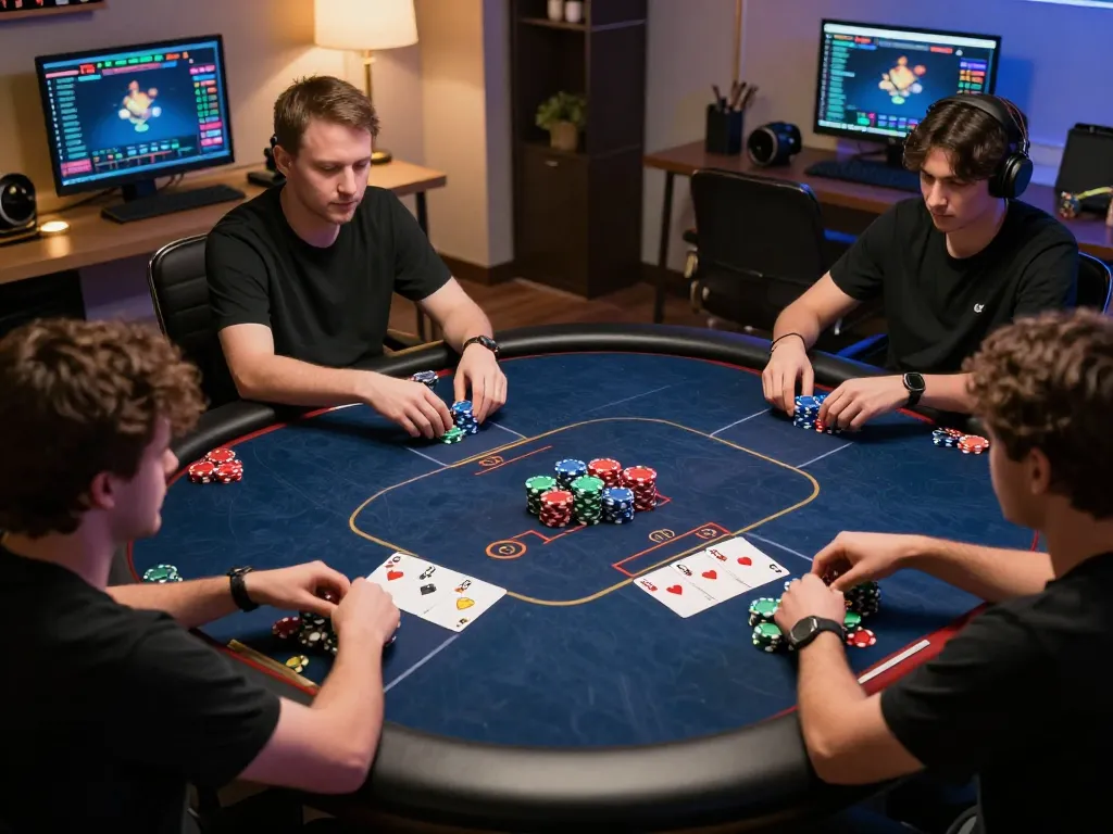 Players strategizing and betting in an online poker game on kubet79 platform, showcasing a vibrant and exciting atmosphere.