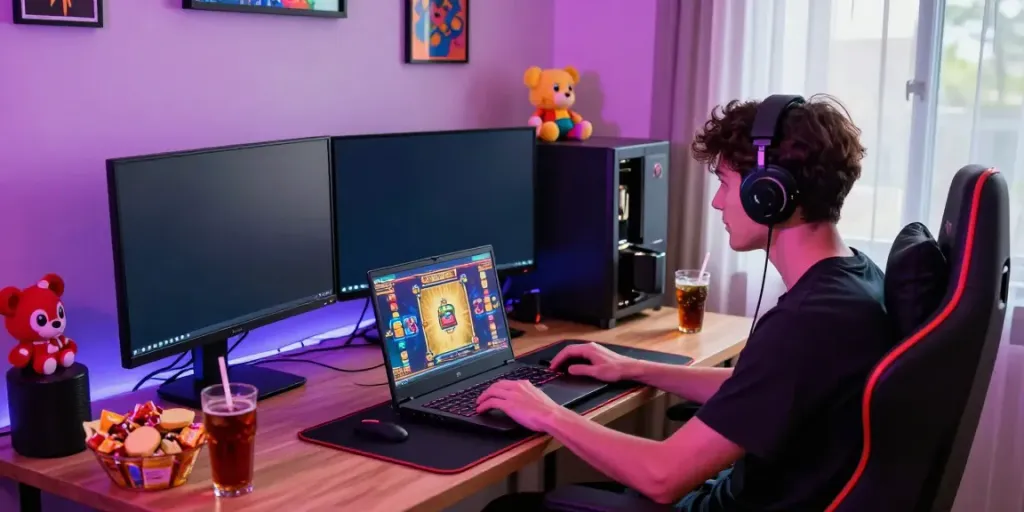 Player enjoying a slot gacor session on laptop with vibrant gaming decor